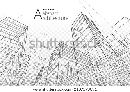 3D illustration modern architecture urban. Architecture building construction perspective line drawing design abstract background. Royalty-Free Stock Photo #2107579091