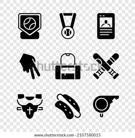 Set Baseball base, Medal with baseball, card, Player chest protector, Hotdog sandwich, Whistle, glove and Sport bag icon. Vector