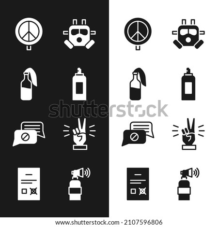 Set Paint spray can, Cocktail molotov, Peace, Gas mask, Speech bubble chat, Hand showing two finger, Air horn and Poll document icon. Vector