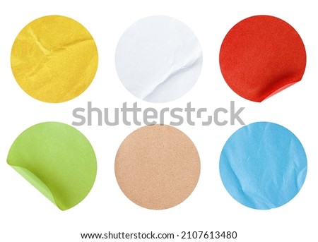 six round multi-colored stickers on a white isolated background