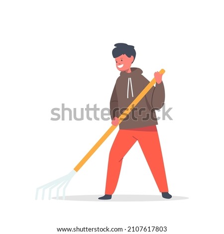 Recycling, Ecology Protection, Saving Planet Concept. Kid Character Cleaning Garden with Rake Isolated on White Background. Boy Removing Trash from Ground. Cartoon People Vector Illustration, Clip Art