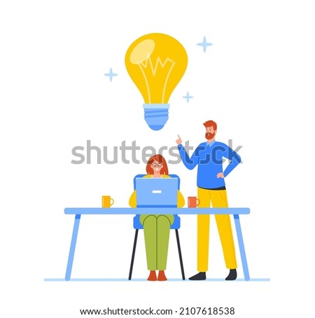 Business People Brainstorm, Searching Solution, Teamwork Cooperation, Eureka Concept. Colleagues Characters with Laptop Sit under Huge Light Bulb Thinking Creative Idea. Cartoon Vector Illustration