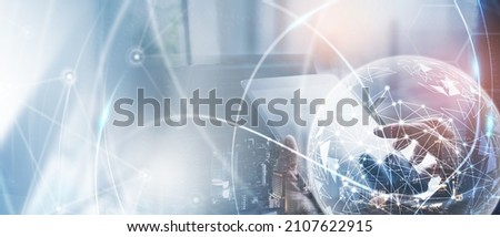 Internet network technology, digital software development, future tech background, IoT concept. Man using digital tablet and laptop with global network connection, computer code Royalty-Free Stock Photo #2107622915