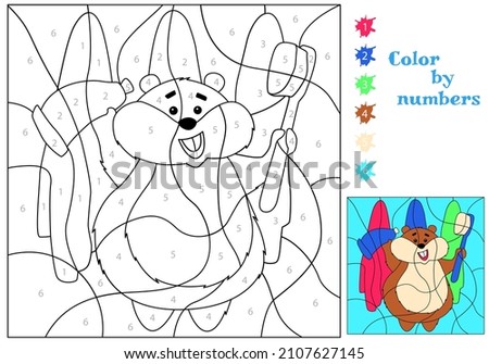 The hamster is holding a toothbrush and toothpaste, with towels hanging in the background. Coloring by numbers. Coloring book. Educational puzzle game for kids.