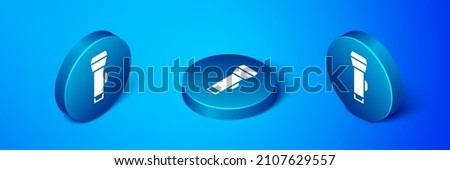 Isometric Flashlight icon isolated on blue background. Blue circle button. Vector