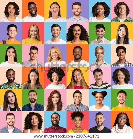 Millennials portrait collage. Mosaic of happy faces of different multiethnic people. Youngsters posing on bright colorful backgrounds. Square pic