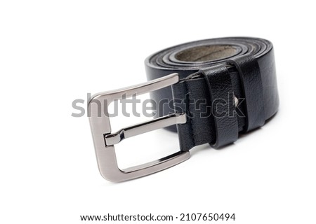 Black leather belt with a classic metal buckle for men's trousers and jeans.