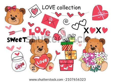 Valentine's day collection with teddy bear and love elements. Vector cartoon illustration