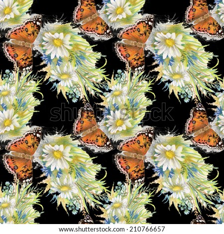 Colorful floral seamless pattern with butterflies and flowers on black background vector illustration