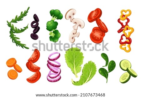 Flying or falling sliced vegetables, lettuce and greens. Tomatoes, arugula, olives, cucumbers, peppers, broccoli, champignons, etc. Concept Chopped vegetables for healthy cooking vector illustration. Royalty-Free Stock Photo #2107673468