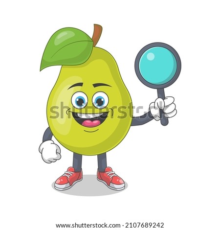 Cute Happy Pear Detective Cartoon Vector Illustration. Fruit Mascot Character Concept Isolated Premium Vector