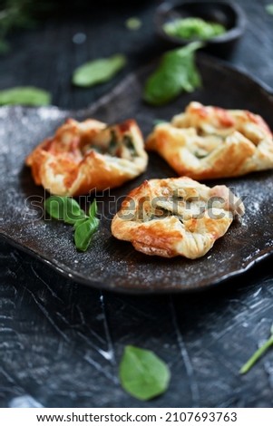 
Puff pastry with ham, cheese and spinach. A tasty and healthy snack. Party snack.