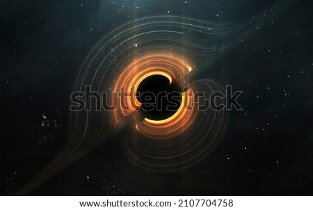 Huge black hole warps space. 5K realistic science fiction art. Elements of image provided by Nasa Royalty-Free Stock Photo #2107704758