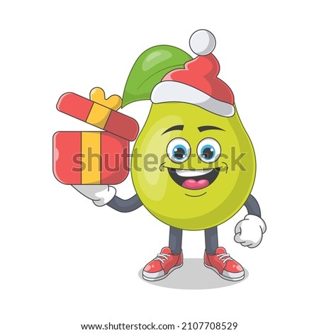 Cute Happy Pear Santa Cartoon Vector Illustration. Fruit Mascot Character Concept Isolated Premium Vector