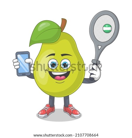 Cute Happy Pear Playing Tennis Cartoon Vector Illustration. Fruit Mascot Character Concept Isolated Premium Vector
