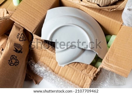 Shards of a broken plate in a damaged crumpled cardboard box Royalty-Free Stock Photo #2107709462