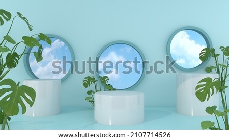 3D podium render with white display and blue sky on circle background.