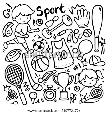 set of sport equipment in kawaii doodle style illustration
