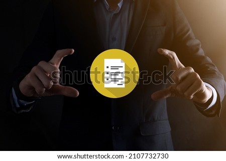Businessman man holding a document icon in his hand Document Management Data System Business Internet Technology Concept. Corporate data management system DMS.flat icons with long shadows