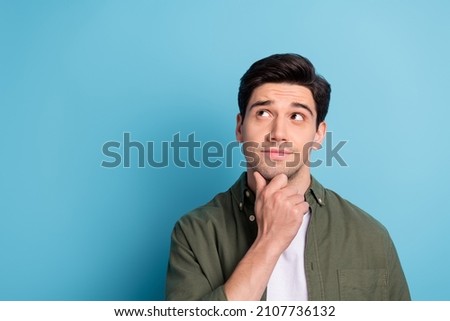 Photo of minded guy think thoughts decide solution touch hand chin look empty space isolated on sky light color background Royalty-Free Stock Photo #2107736132