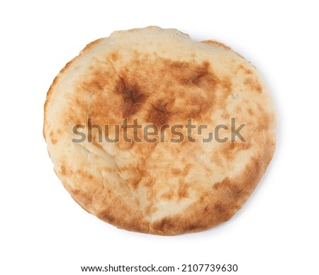Loaf of delicious fresh pita bread on white background, top view Royalty-Free Stock Photo #2107739630