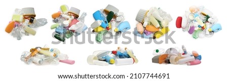 Set with piles of plastic garbage on white background. Banner design Royalty-Free Stock Photo #2107744691