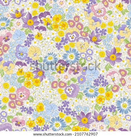Variety Spring Garden flower hand drawn vector seamless pattern. Vintage Romantic Liberty inspired Petite floral ditsy print. Bloomy calico background for fashion fabric or home textile Royalty-Free Stock Photo #2107762907