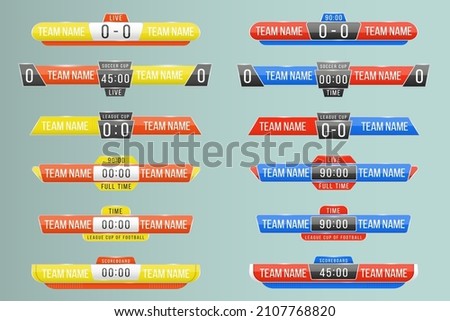 Art design lower thirds template. Scoreboard broadcast graphic and lower thirds template for sport soccer, football, basketball, futsal. Sport score board with time and result display. Vector.