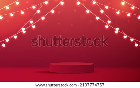 Happy valentines day and stage podium decorated with heart shape lighting. pedestal scene with for product, cosmetic, advertising, show, award ceremony, on red background. vector design. Royalty-Free Stock Photo #2107774757