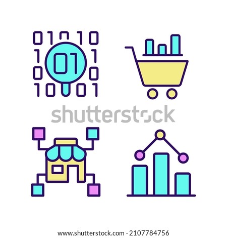 Retail data mining and analytics RGB color pixel perfect icons set. Virtual marketing researching. Digital business tools. Isolated vector illustrations. Simple filled line drawings collection