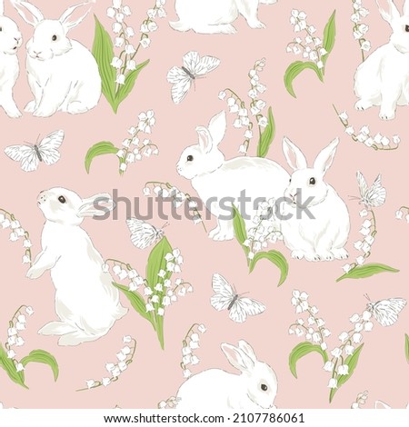 Cute bunny in Spring Bloomy garden with Lilies of the valley florals and white butterfly vector seamless pattern. Vintage romantic nature hand drawn print. Cottage core aesthetic background. Royalty-Free Stock Photo #2107786061