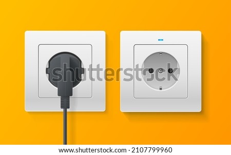 Realistic Detailed 3d Socket and Plugs inserted in Electrical Outlet Set on a Yellow Wall. Vector illustration Royalty-Free Stock Photo #2107799960
