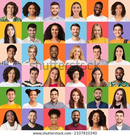 Portraits collage. Bright set of different multiracial people faces smiling over colorful backgrounds. Happy and successful diverse society concept. Square picture