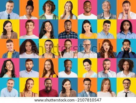 Reaction And Human Emotions Concept. Composite photo collage of group of diverse people with different variety of facial expressions. Mosaic set of smiling excited surprised multicultural team