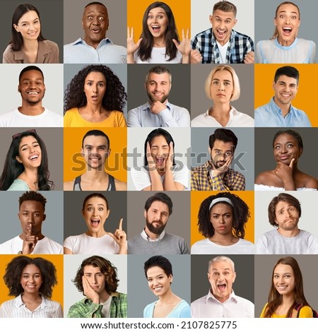 Human portraits collection with men and women of various ages and races on colorful studio backgrounds. Set of multiethnic people making faces, expressing different emotions Royalty-Free Stock Photo #2107825775