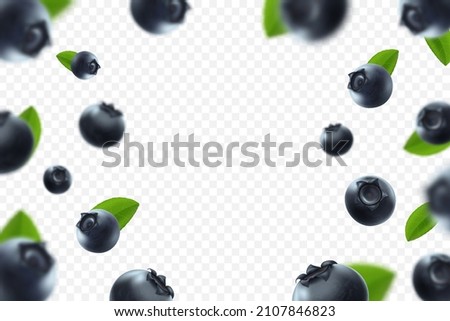 Blueberry background. Fresh berry with green leaves on transparent background. Flying defocusing blueberry berries. 3D realistic fruits. Falling blueberry. Nature product. Vector illustration. Royalty-Free Stock Photo #2107846823