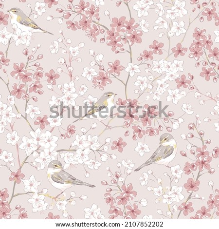 Willow Warbler bird in Spring Sakura Cherry blossom garden vector seamless pattern. Vintage romantic nature hand drawn print. Cottage core aesthetic background.