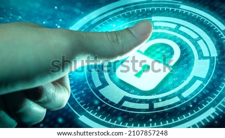 Businessman finger scan identification access Data Protection Cyber Security Privacy. Padlock icon on Network protection with firewall. Secure access for online privacy and personal data protection.