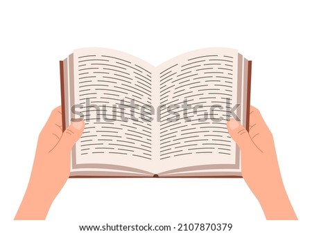 Hand holding open book. Student reading literature or encyclopedia. Design for library, bookstore. vector illustration Royalty-Free Stock Photo #2107870379