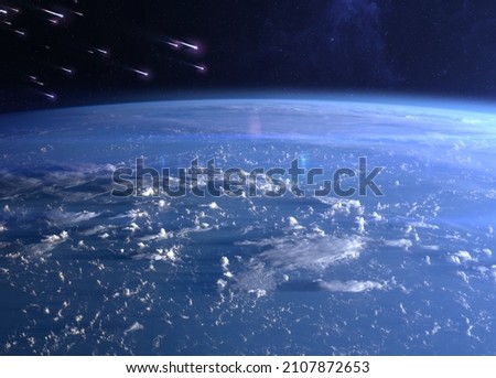 View of planet Earth and meteor shower. Meteor rain and Earth. Quadrantids, Lyrids, Eta Aquariids, Aquariids, Perseids, Orionids, Leonids, Geminids.  Elements of this image furnished by NASA. Royalty-Free Stock Photo #2107872653