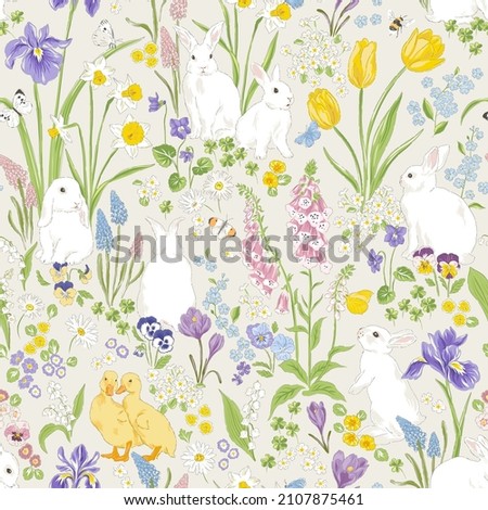 Cute bunny and Duckling in Spring Bloomy flourish garden vector seamless pattern. Vintage romantic nature hand drawn print. Cottage core aesthetic background. Royalty-Free Stock Photo #2107875461