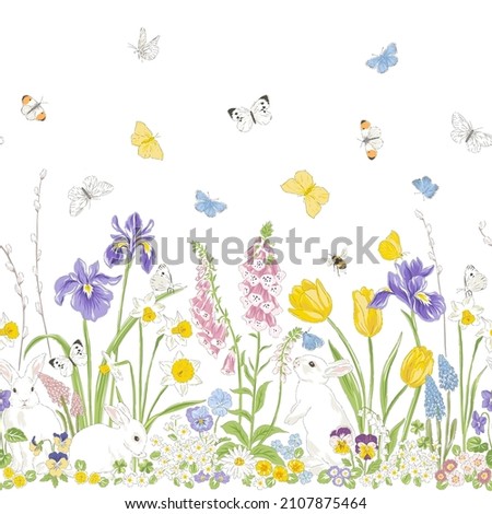 Cute bunny in Spring Bloomy flourish garden with many butterflies vector seamless border pattern. Vintage romantic nature hand drawn print. Cottage core aesthetic background. Royalty-Free Stock Photo #2107875464