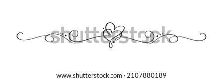 Vintage Flourish Vector divider Valentines Day Hand Drawn Black Calligraphic two Hearts. Calligraphy Holiday illustration. Design valentine element. Icon love decor for web, wedding.