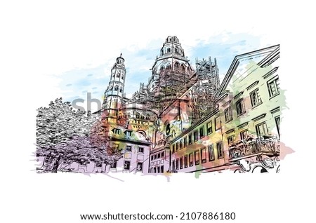 Building view with landmark of Mainz is the 
city in Germany. Watercolor splash with hand drawn sketch illustration in vector.