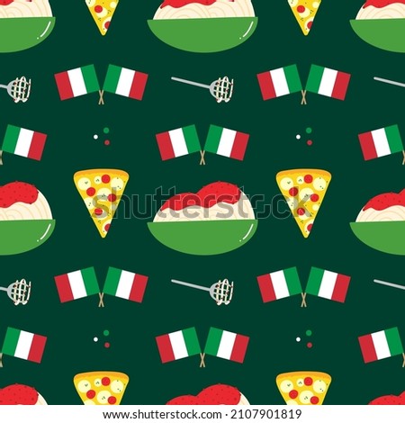 Italian food vector seamless pattern background with pasta, pizza, flags of Italy.
