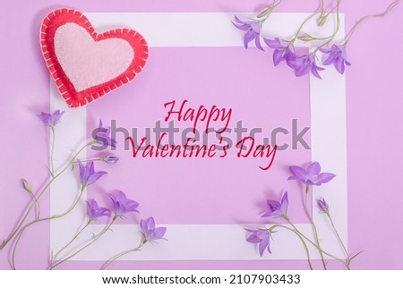 Lilac background greeting card in the style of Very Perry with the inscription Happy Valentine's Day with heart and flowers