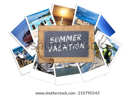 Old slate blackboard with the text message: SUMMER VACATION lies on a stack of many Vacations instant pictures isolated on white Background