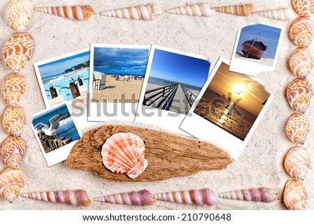 Sand background with instant photos of Beaches, Hooded Beach Chairs and other Vacations Symbols and shells