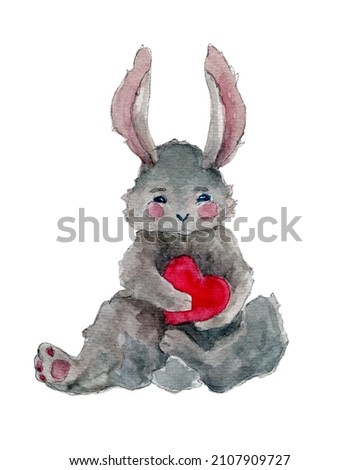 Watercolor hand drawn illustration of gray rabbit with pink cheeks. Bunny hold red heart sitting on the floor. Animal in cartoon style. Design for covers, backgrounds, decorations, postcards