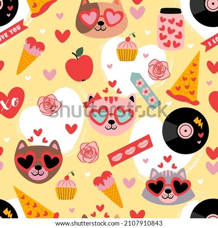 valentine seamless pattern with  cats and love elements